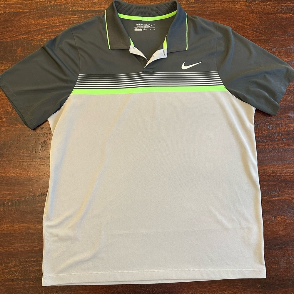 Nike Men's Polo Shirt in Gray with Green Accents
